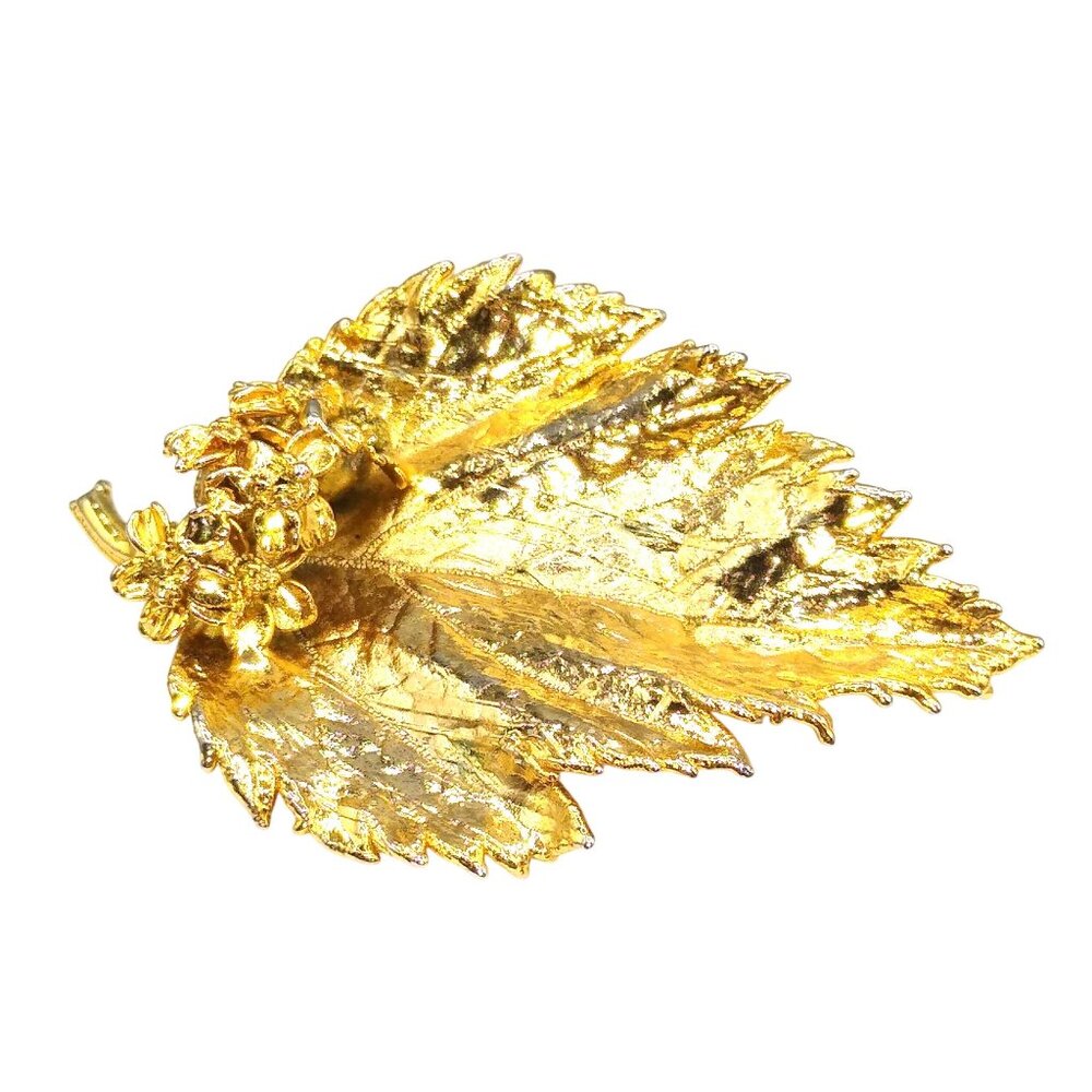 Vintage Gold Dipped Vermeil Leaf Brooch with Tiny Forget Me Not Flowers, Eggert